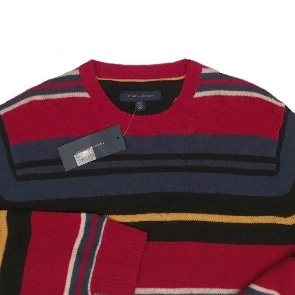 NEW VintageTommy Hilfiger Lambswool Sweater! Red Blue Black White Yellow Stripes - Picture 2 of 2